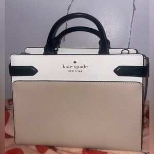 KATE SPADE STACI CAMERON MEDIUM SATCHEL SHOULDER BAG BEIGE WHITE BLACK LEATHER